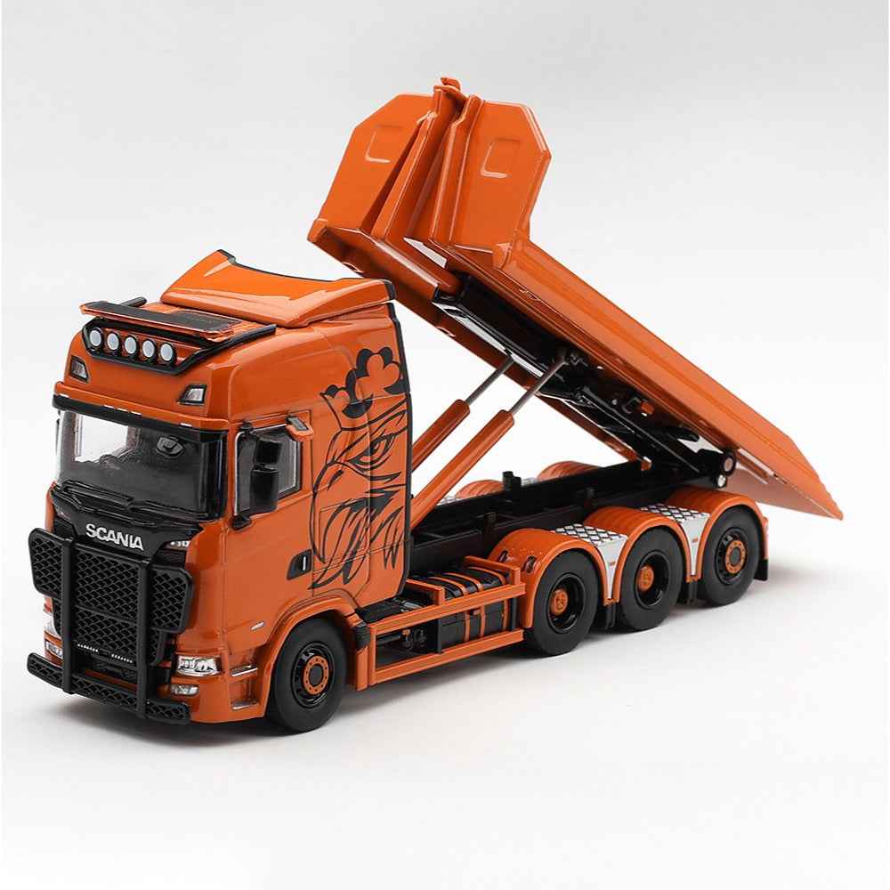 Mini GT 1/64 Scania 770S B8x4NA Hooklift Flatbed Orange