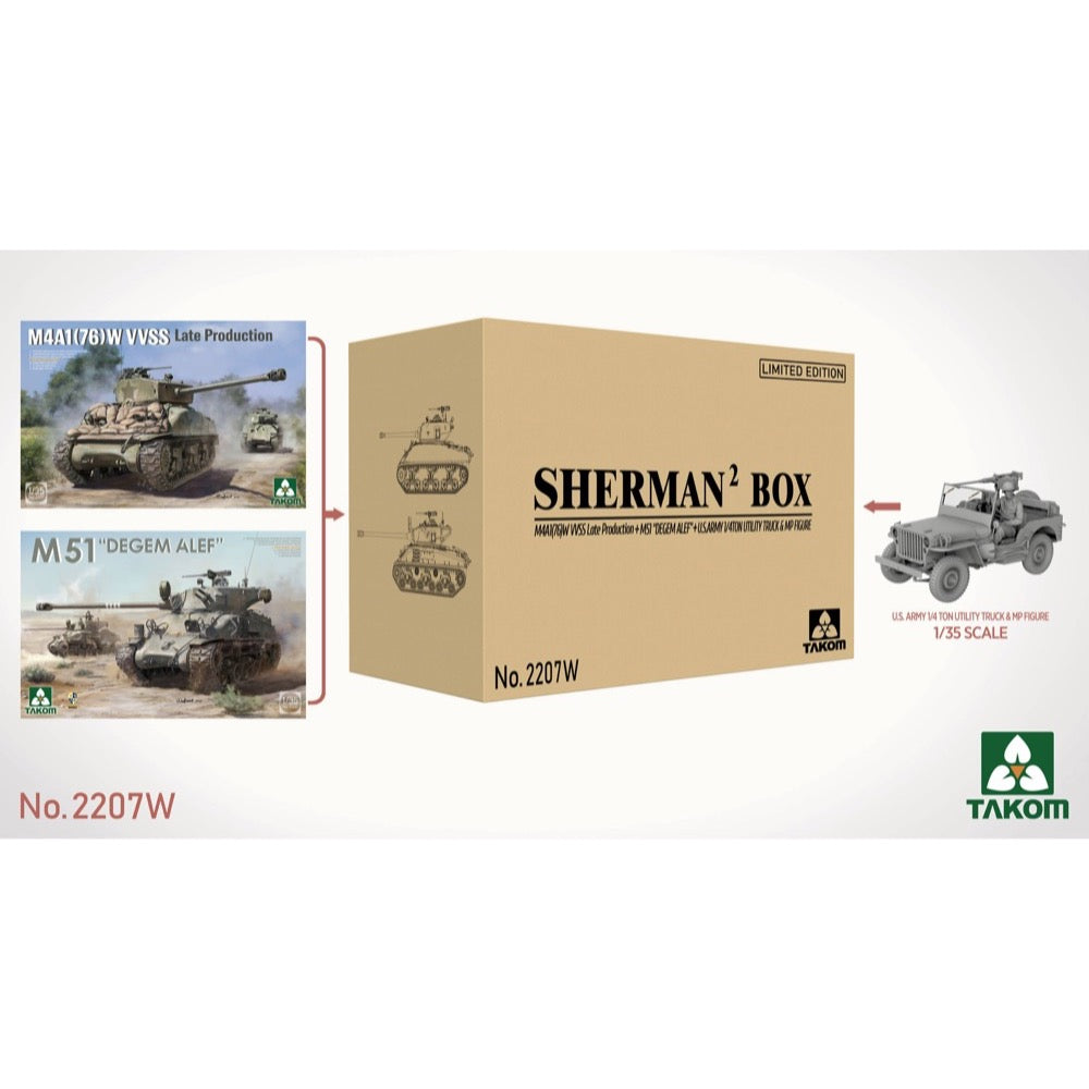 Takom 1/35 Sherman 2 in 1 Box M4A1(76W) VVSS Late Production + M51 "Degem Alef" + US Army 1/4 Ton Utility Truck & MP Figure Model Kit